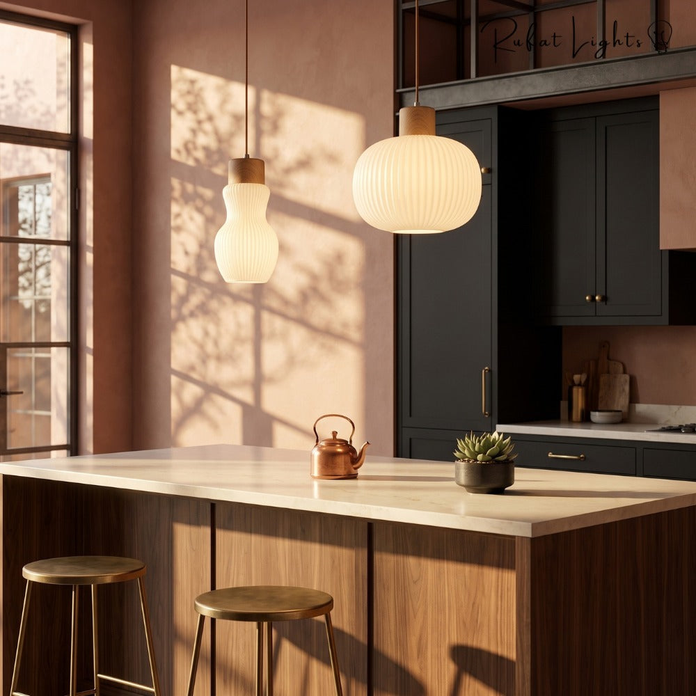 White Loft Glass Lampshade Pendant Lamp over a kitchen island