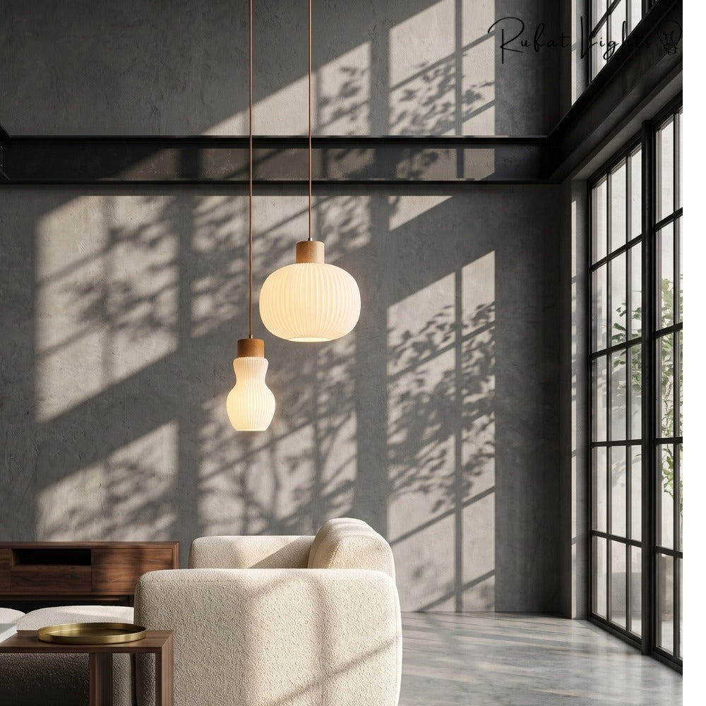 White Loft Glass Lampshade Pendant Lamp pair in a living room