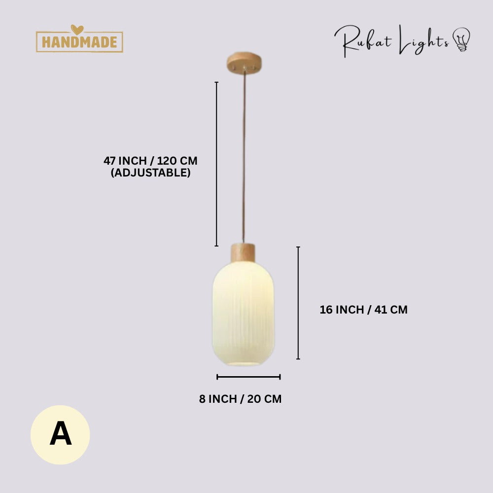 White Loft Glass Lampshade Pendant Lamp A dimensions: 8 in (20 cm) wide, 16 in (41 cm) high, 47 in (120 cm) adjustable hanging length