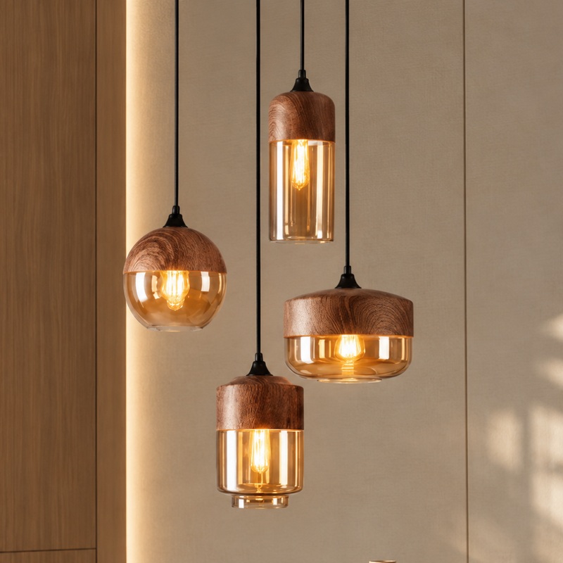 Wood Color Glass LED Pendant Lamp four wood grain and amber glass pendant lamps in all four styles glowing against a warm wood wall