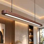 Wood Linear Suspension Rounded Chandelier black walnut close-up with warm glow
