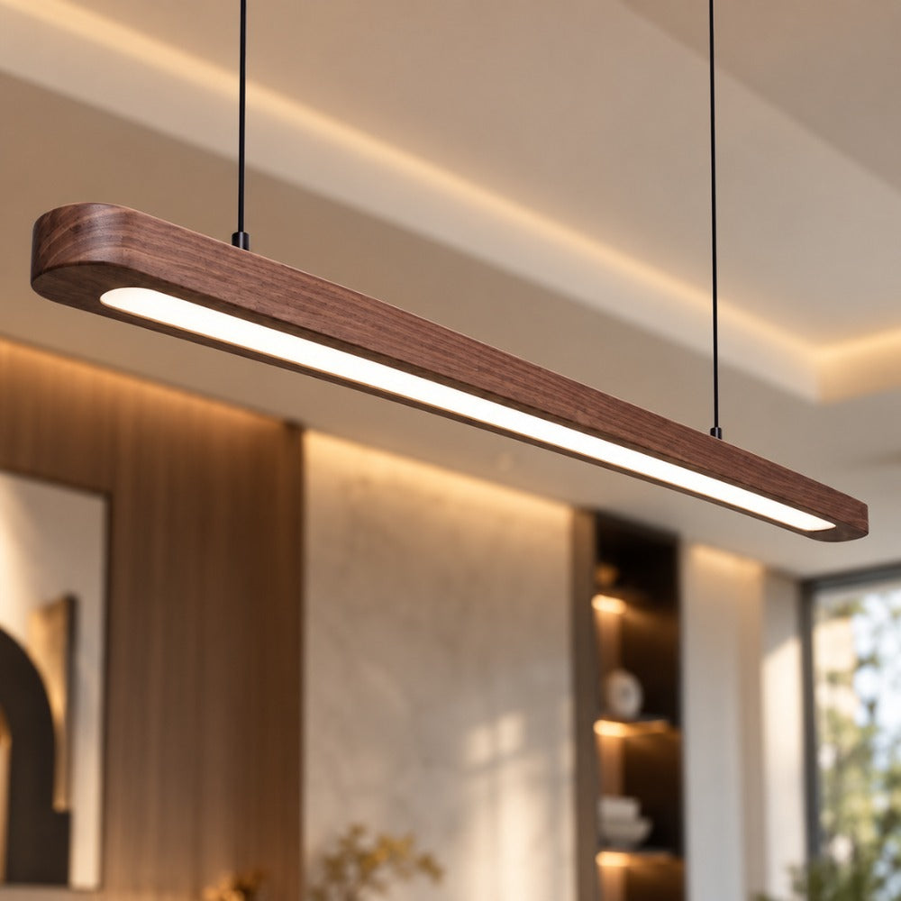 Wood Linear Suspension Rounded Chandelier black walnut close-up with warm glow
