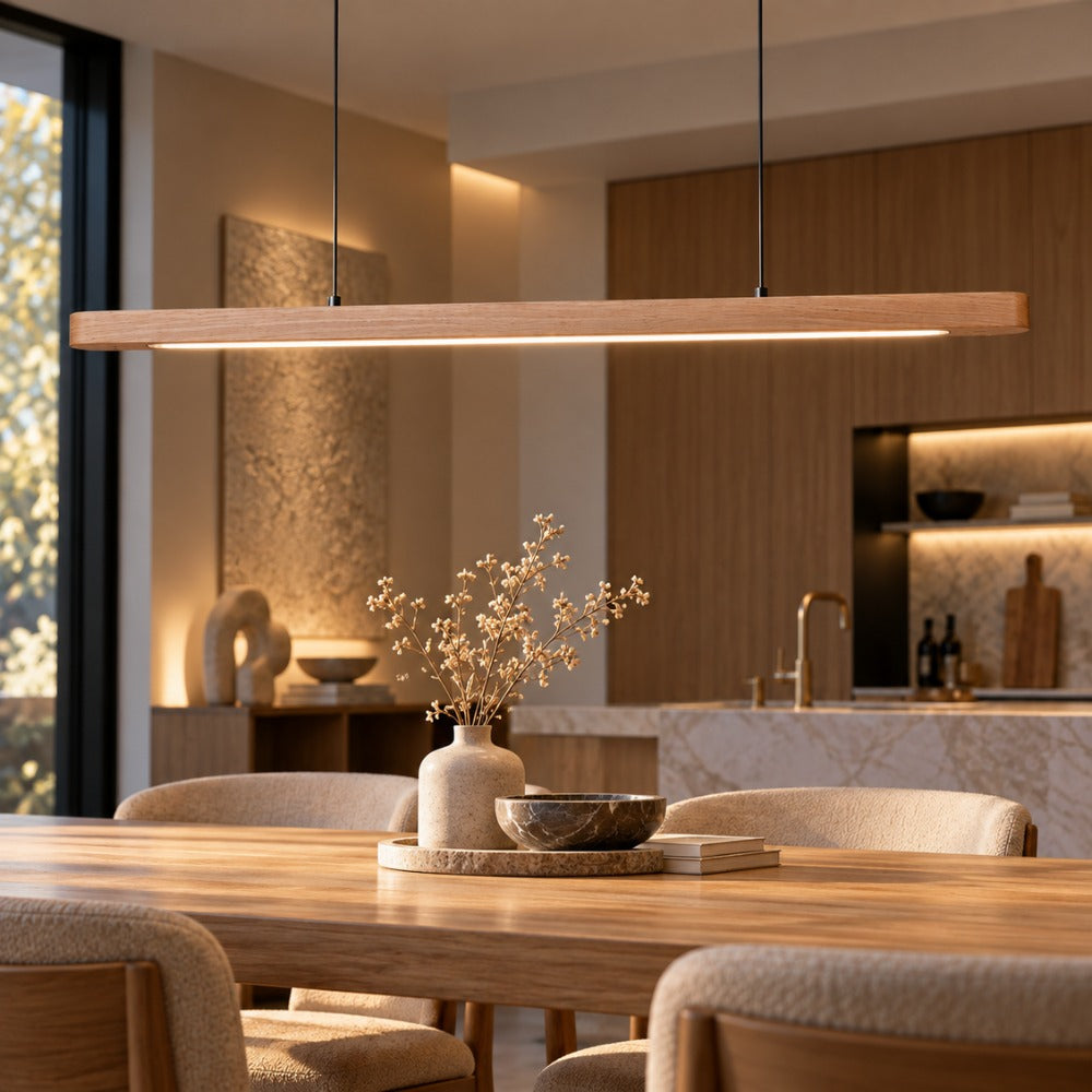 Wood Linear Suspension Rounded Chandelier ash above a dining table
