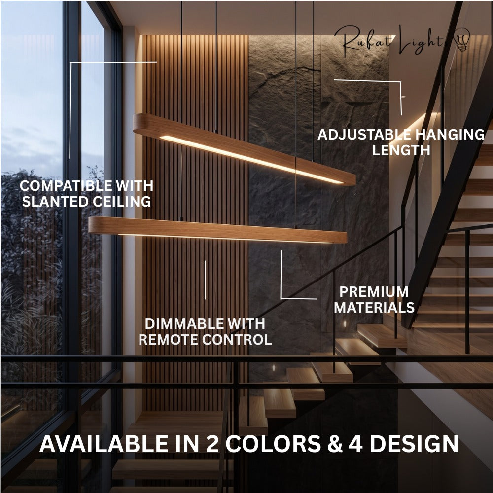 Wood Linear Suspension Rounded Chandelier features: compatible with slanted ceiling, adjustable hanging length, dimmable with remote control, premium materials, available in 2 colors and 4 designs
