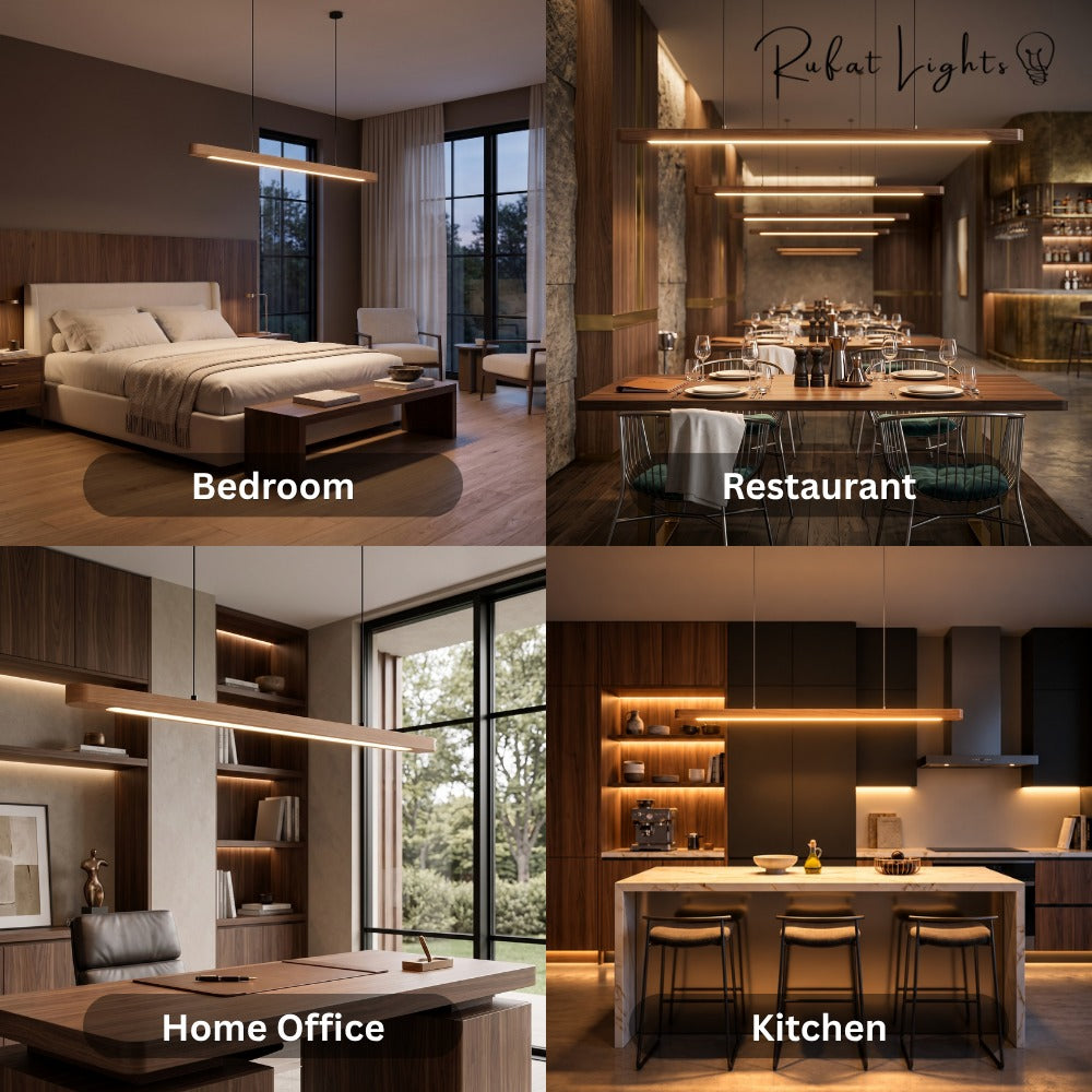 Wood Linear Suspension Rounded Chandelier shown in a bedroom, restaurant, home office and kitchen