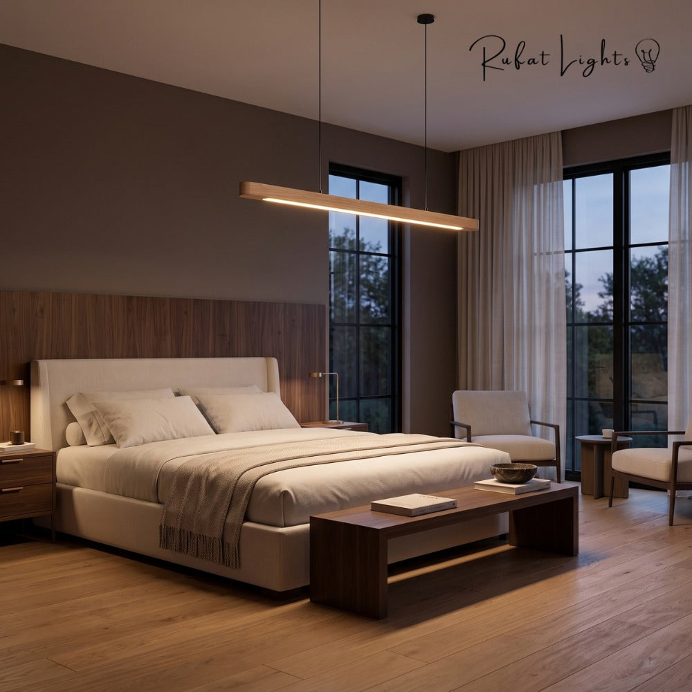 Wood Linear Suspension Rounded Chandelier above a bed