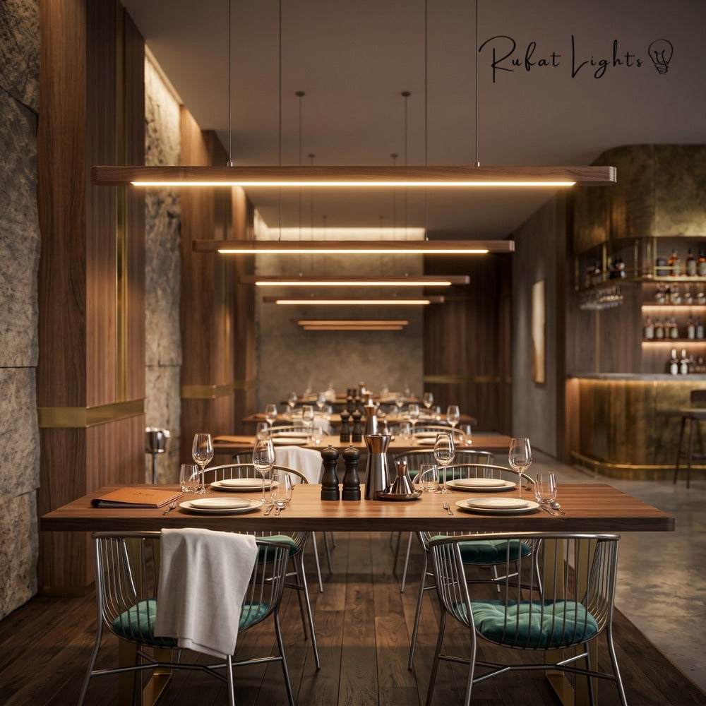 Wood Linear Suspension Rounded Chandelier group above a restaurant table