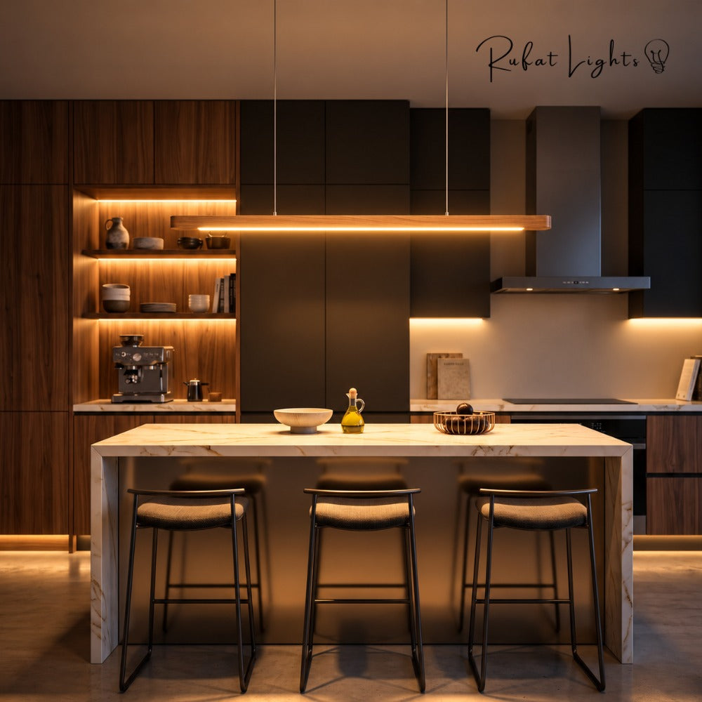 Wood Linear Suspension Rounded Chandelier above a kitchen island