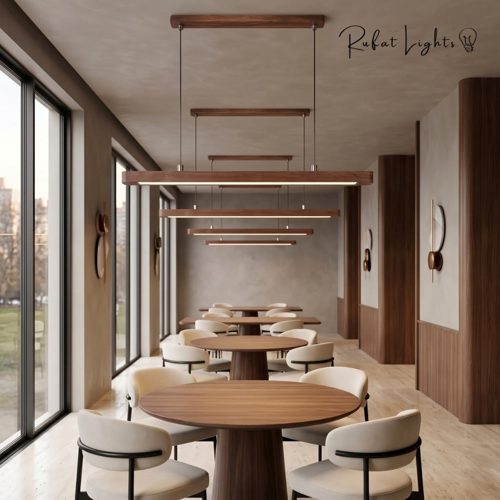 Wood Linear Suspension Rounded Chandelier tiered above a round dining table
