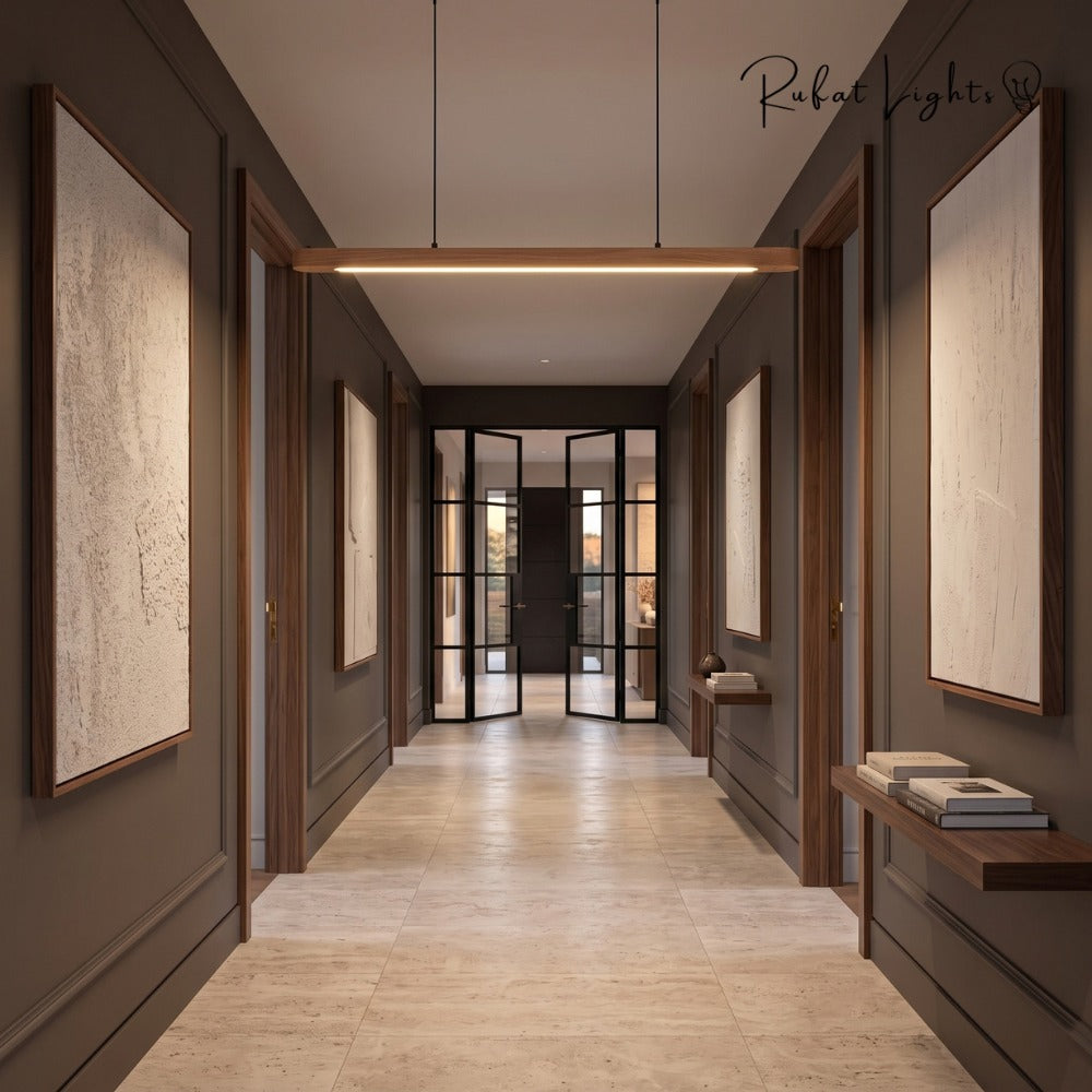 Wood Linear Suspension Rounded Chandelier in a hallway