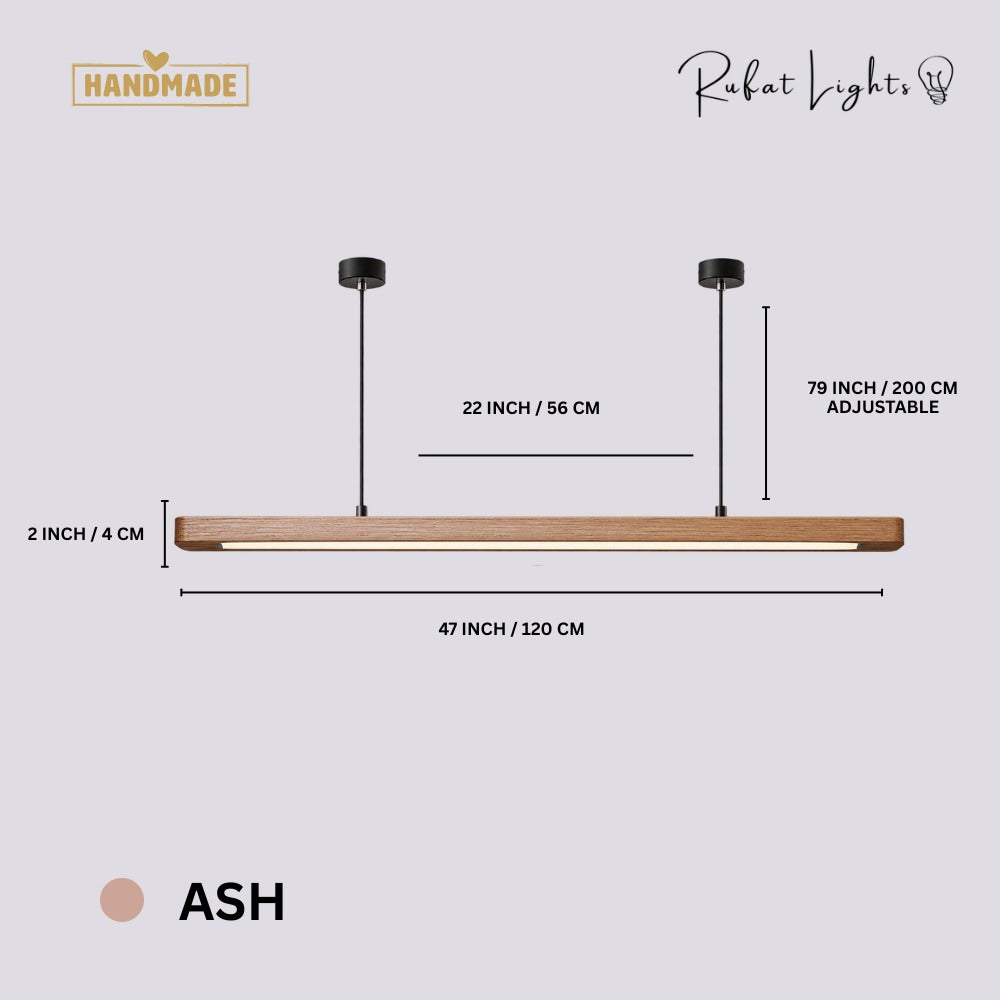 Wood Linear Suspension Rounded Chandelier Ash dimensions: 47 in (120 cm) long, 2 in (4 cm) high, 79 in (200 cm) adjustable hanging length