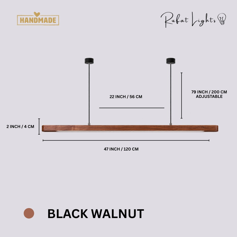 Wood Linear Suspension Rounded Chandelier Black Walnut dimensions: 47 in (120 cm) long, 2 in (4 cm) high, 79 in (200 cm) adjustable hanging length
