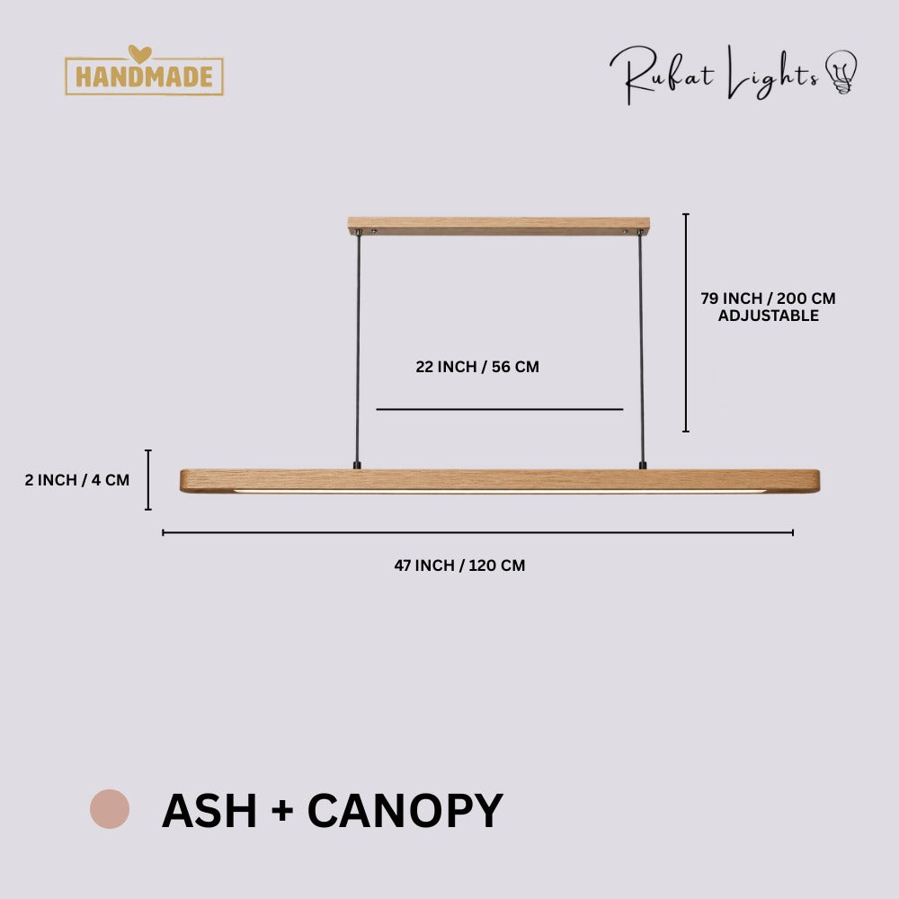 Wood Linear Suspension Rounded Chandelier Ash + Canopy dimensions: 47 in (120 cm) long, 2 in (4 cm) high, 79 in (200 cm) adjustable hanging length