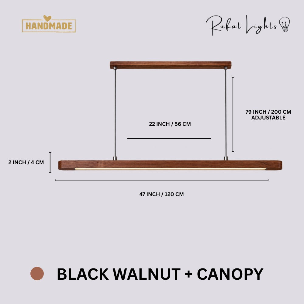 Wood Linear Suspension Rounded Chandelier Black Walnut + Canopy dimensions: 47 in (120 cm) long, 2 in (4 cm) high, 79 in (200 cm) adjustable hanging length
