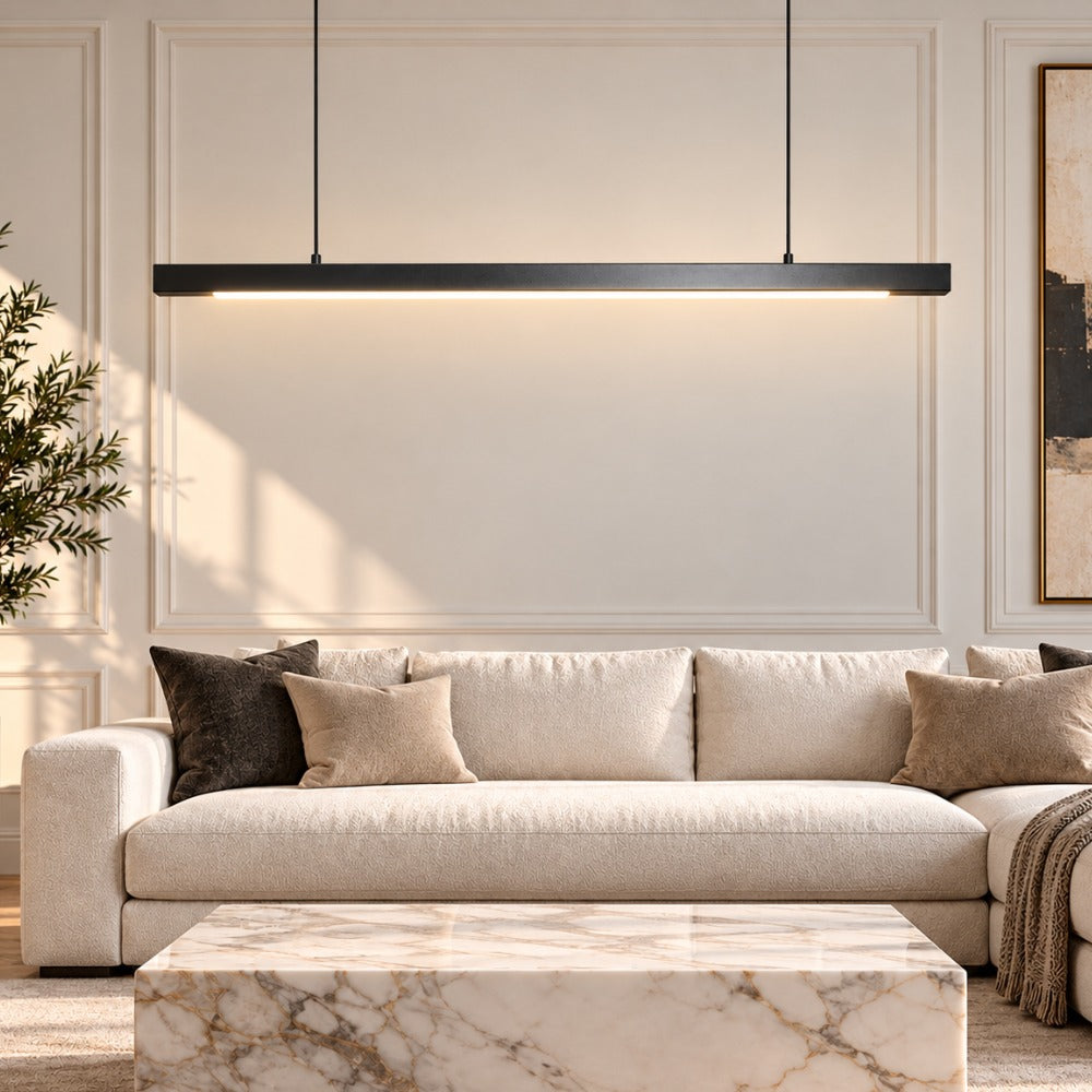 Wood Linear Suspension Chandelier Black White black above a living room sofa