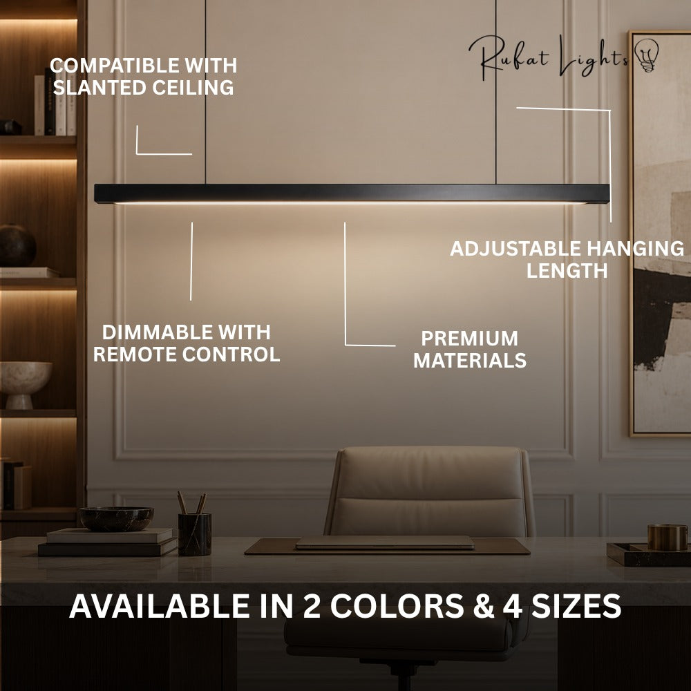 Wood Linear Suspension Chandelier Black White features: compatible with slanted ceiling, adjustable hanging length, dimmable with remote control, premium materials, available in 2 colors and 4 sizes