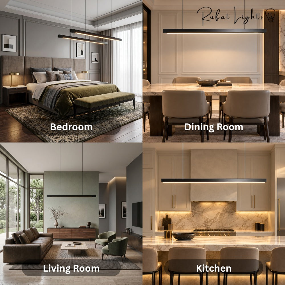 Wood Linear Suspension Chandelier Black White shown in a bedroom, dining room, living room and kitchen