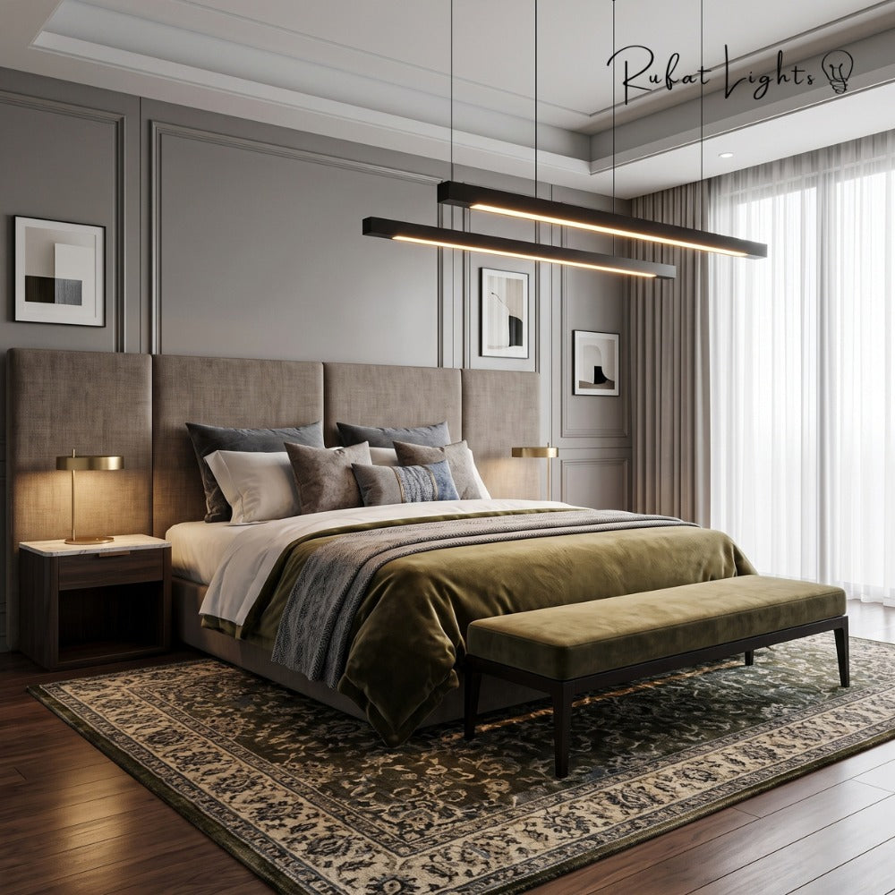 Wood Linear Suspension Chandelier Black White black above a bed