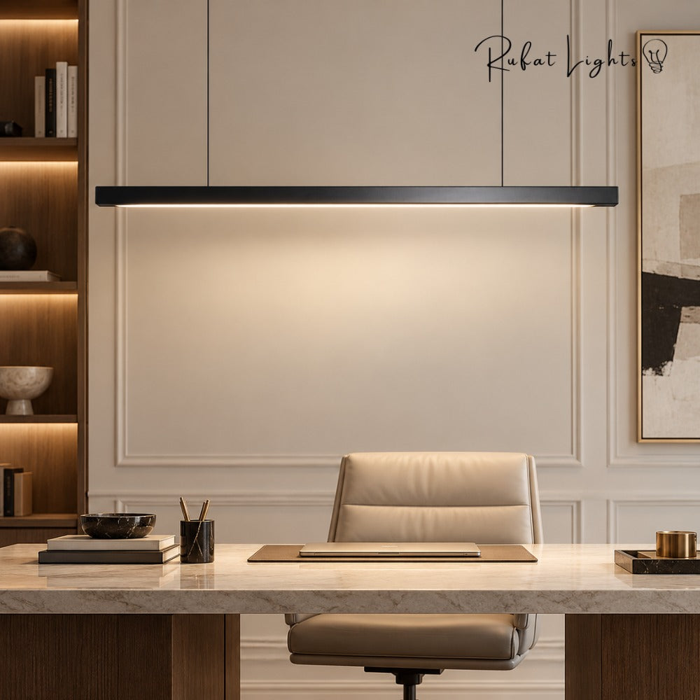 Wood Linear Suspension Chandelier Black White black above a home office desk