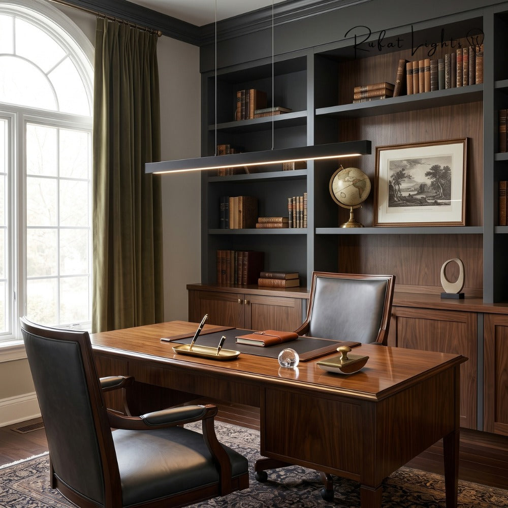 Wood Linear Suspension Chandelier Black White black in a study