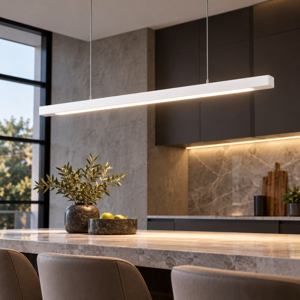 Wood Linear Suspension Chandelier Black White white above a kitchen island