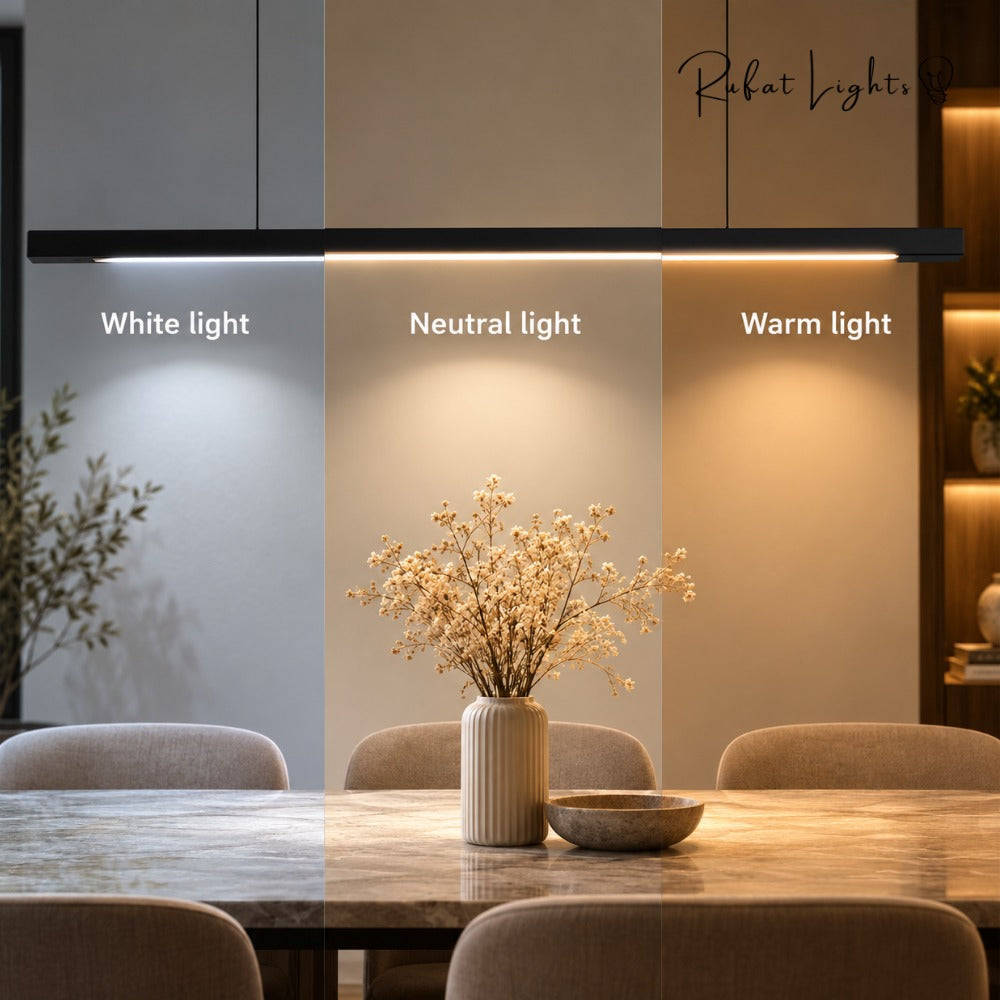 Wood Linear Suspension Chandelier Black White white, neutral and warm light comparison