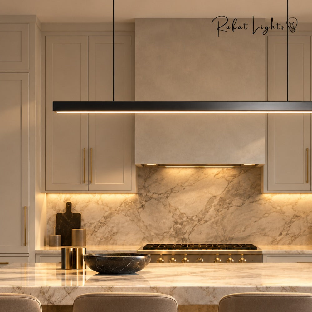 Wood Linear Suspension Chandelier Black White black above a kitchen counter