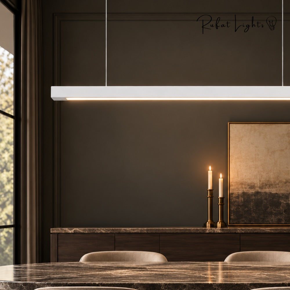 Wood Linear Suspension Chandelier Black White white above a dining table