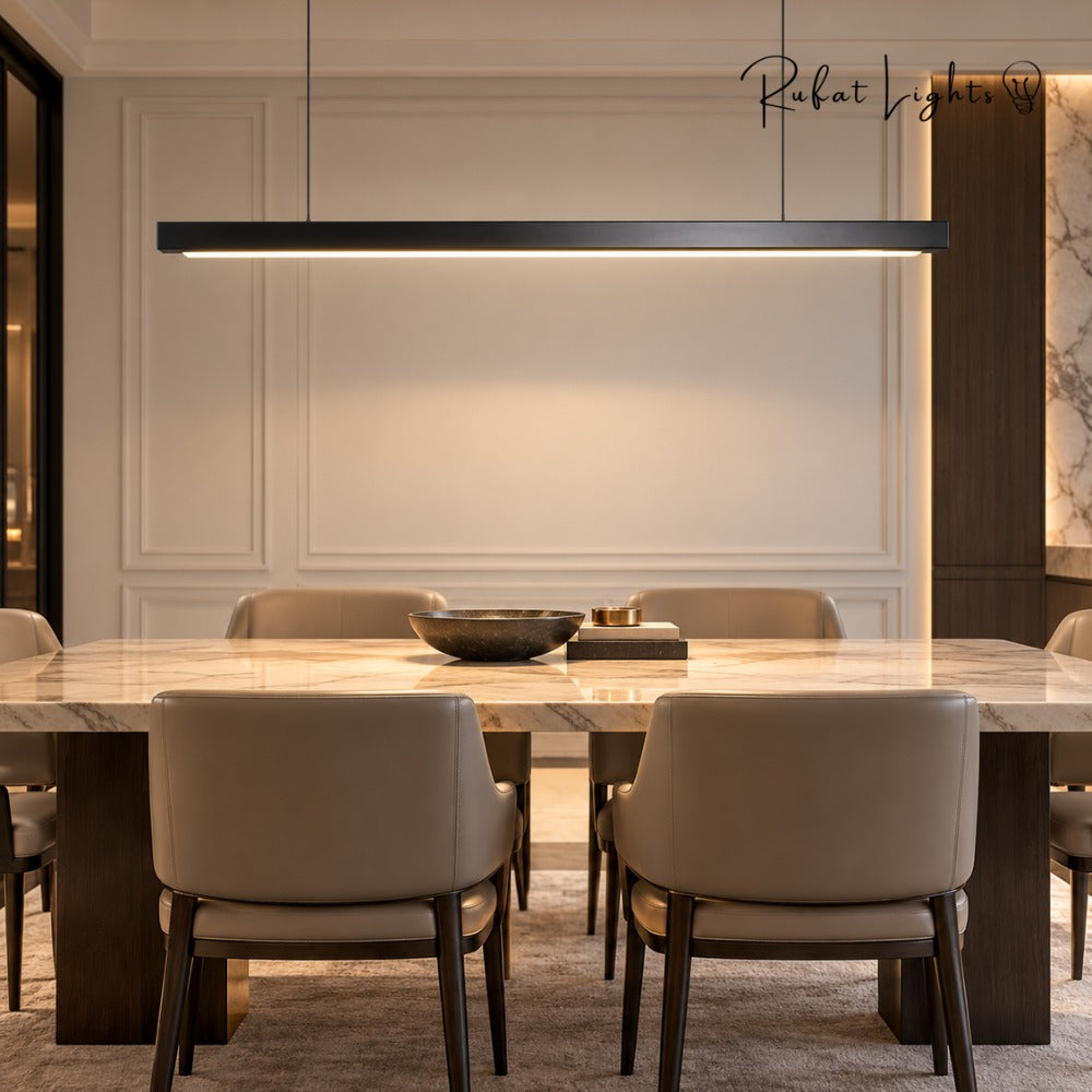 Wood Linear Suspension Chandelier Black White black above a dining table