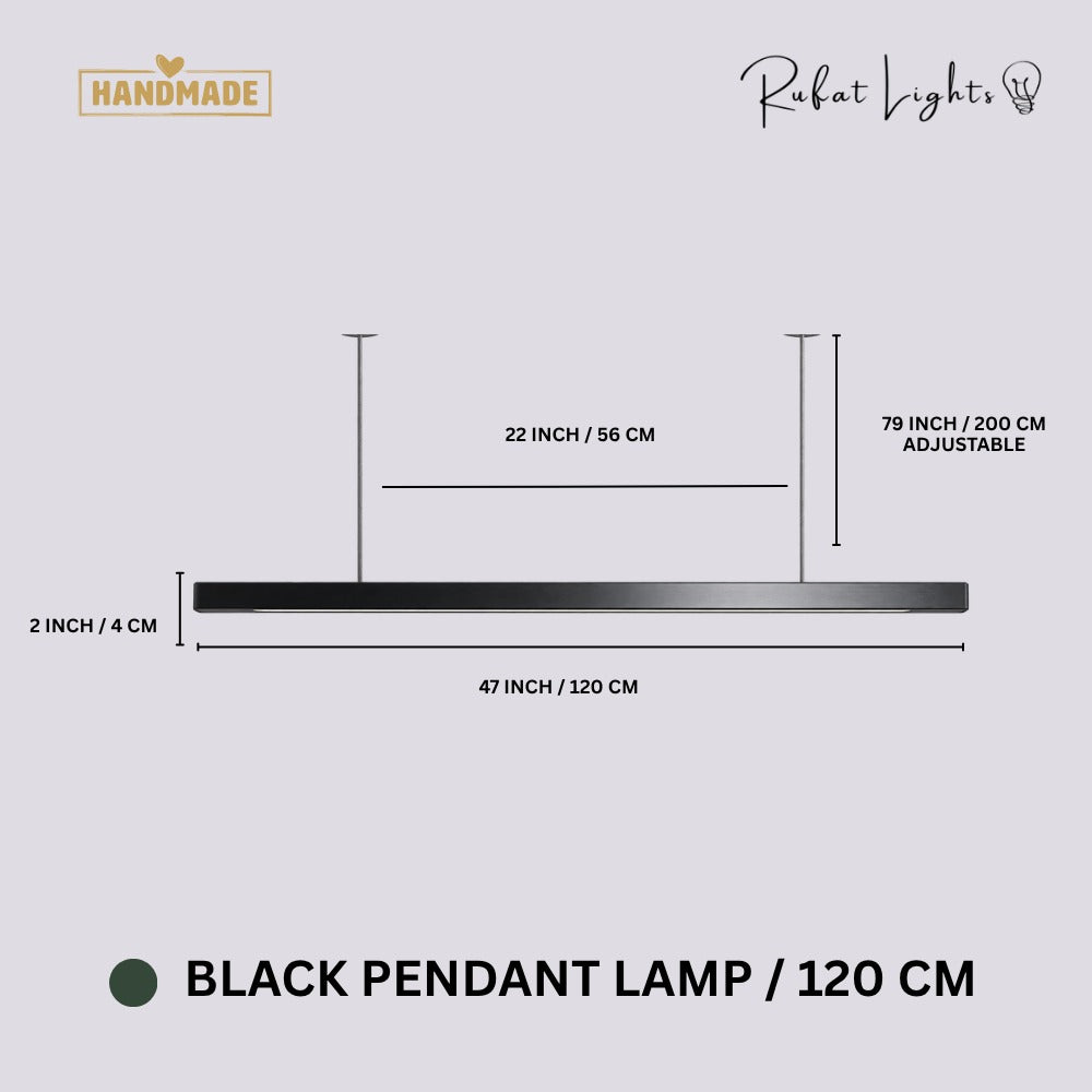 Wood Linear Suspension Chandelier Black White Black 120 cm dimensions: 47 in (120 cm) long, 2 in (4 cm) high, 79 in (200 cm) adjustable hanging length