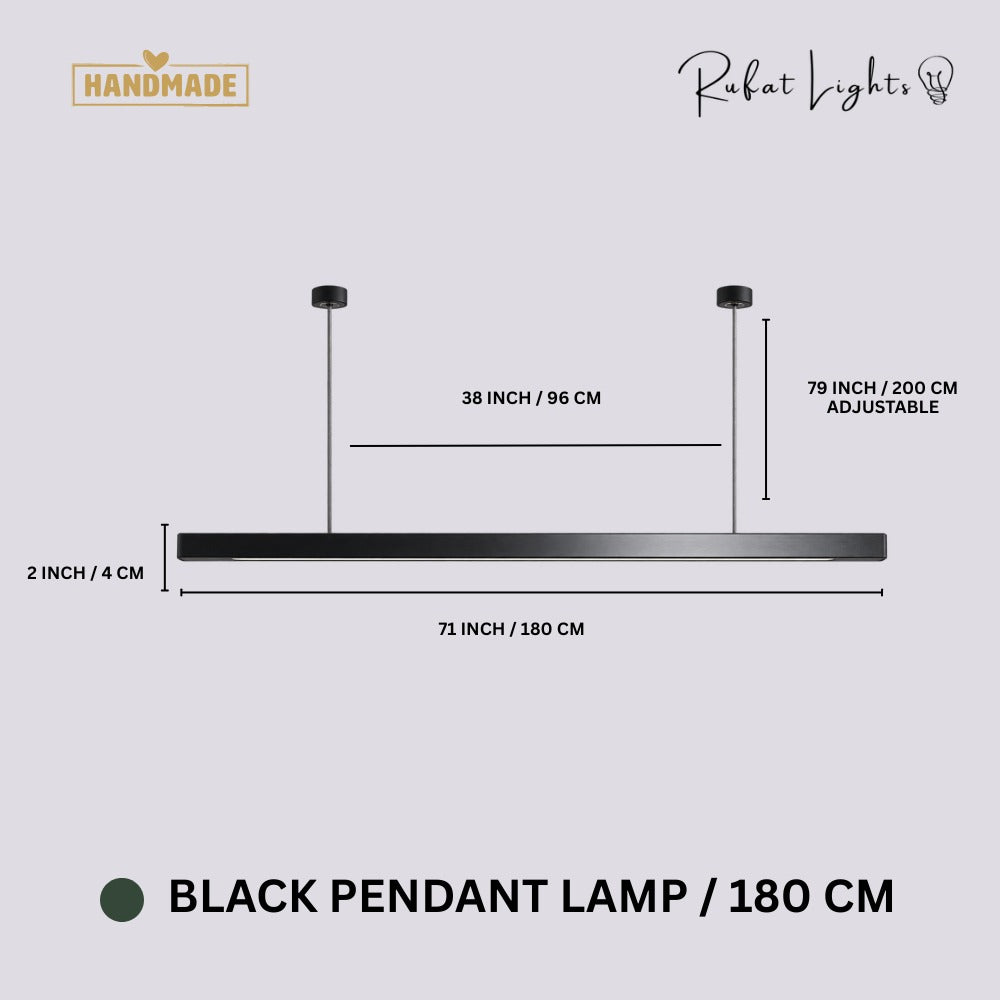 Wood Linear Suspension Chandelier Black White Black 180 cm dimensions: 71 in (180 cm) long, 2 in (4 cm) high, 79 in (200 cm) adjustable hanging length