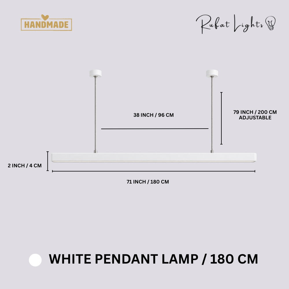 Wood Linear Suspension Chandelier Black White White 180 cm dimensions: 71 in (180 cm) long, 2 in (4 cm) high, 79 in (200 cm) adjustable hanging length