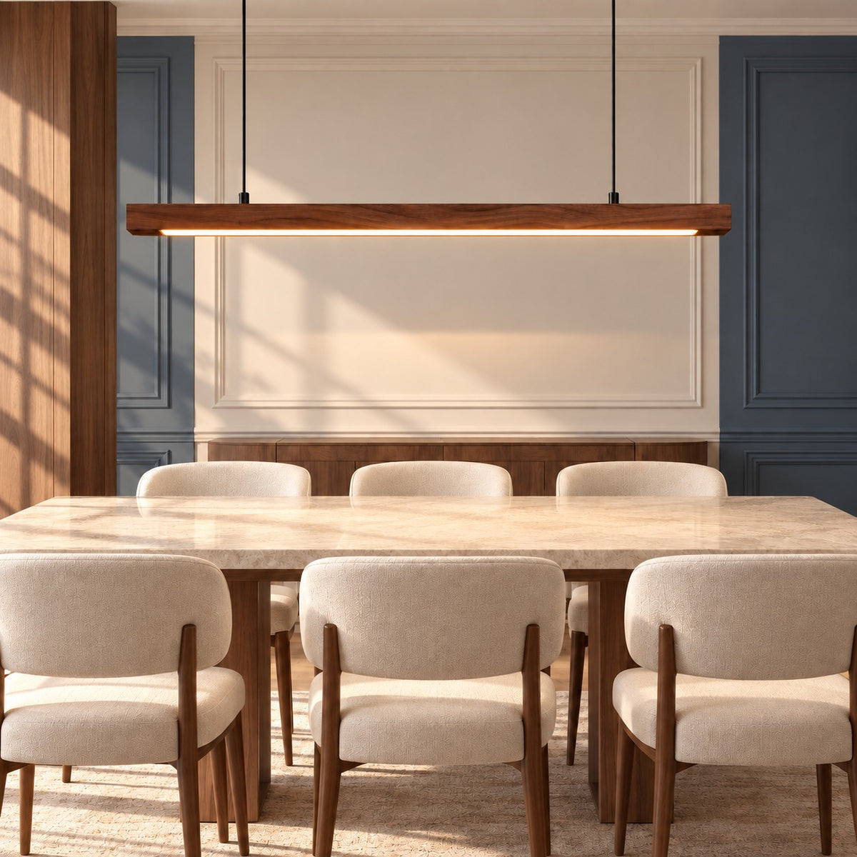 Wood Linear Sweep Sensor Chandelier black walnut above a dining table