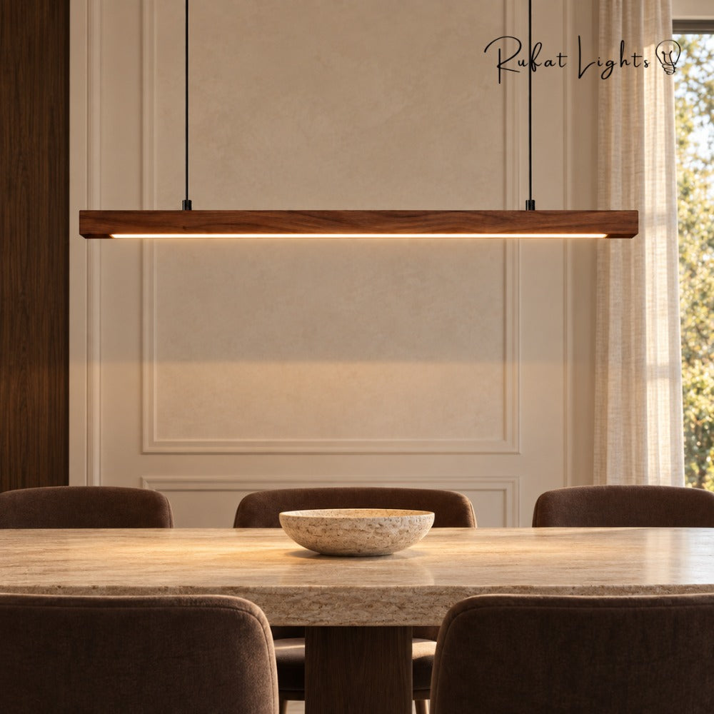 Wood Linear Sweep Sensor Chandelier black walnut above a dining table against paneled wall