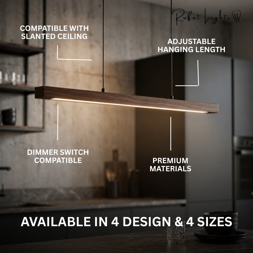 Wood Linear Sweep Sensor Chandelier features: compatible with slanted ceiling, adjustable hanging length, dimmer switch compatible, premium materials, available in 4 designs and 4 sizes
