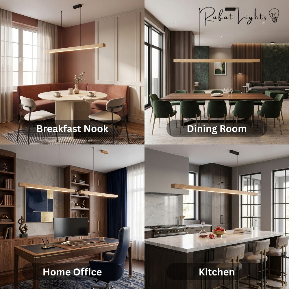 Wood Linear Sweep Sensor Chandelier shown in a breakfast nook, dining room, home office and kitchen