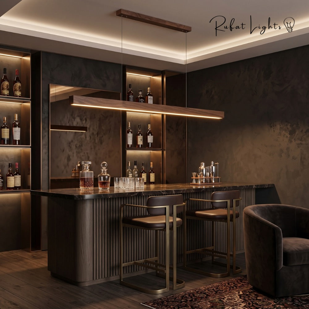 Wood Linear Sweep Sensor Chandelier black walnut above a home bar
