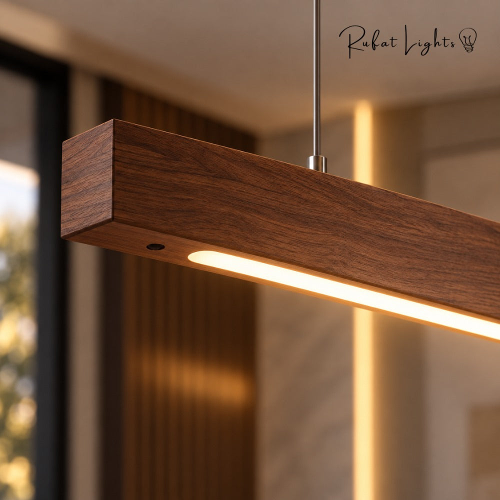 Wood Linear Sweep Sensor Chandelier black walnut close-up