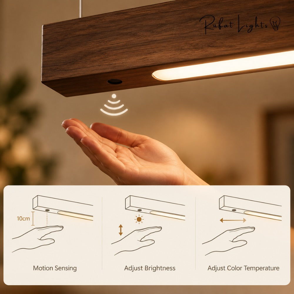 Wood Linear Sweep Sensor Chandelier hand sweep sensor: motion sensing, adjust brightness, adjust color temperature