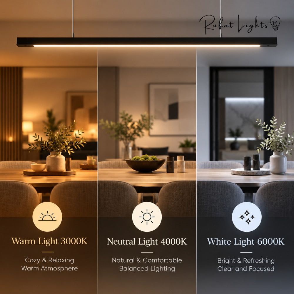 Wood Linear Sweep Sensor Chandelier warm 3000K, neutral 4000K and white 6000K light