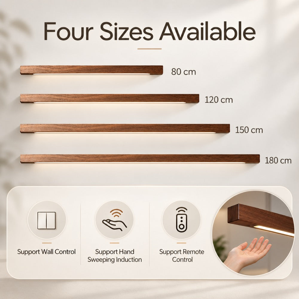 Wood Linear Sweep Sensor Chandelier four sizes: 80, 120, 150 and 180 cm; wall control, hand sweep and remote control