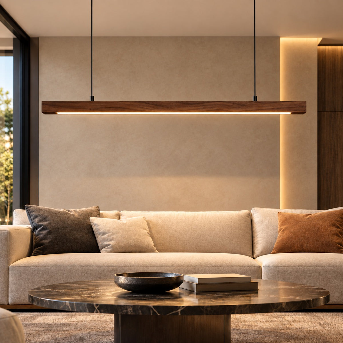 Wood Linear Sweep Sensor Chandelier black walnut above a living room sofa