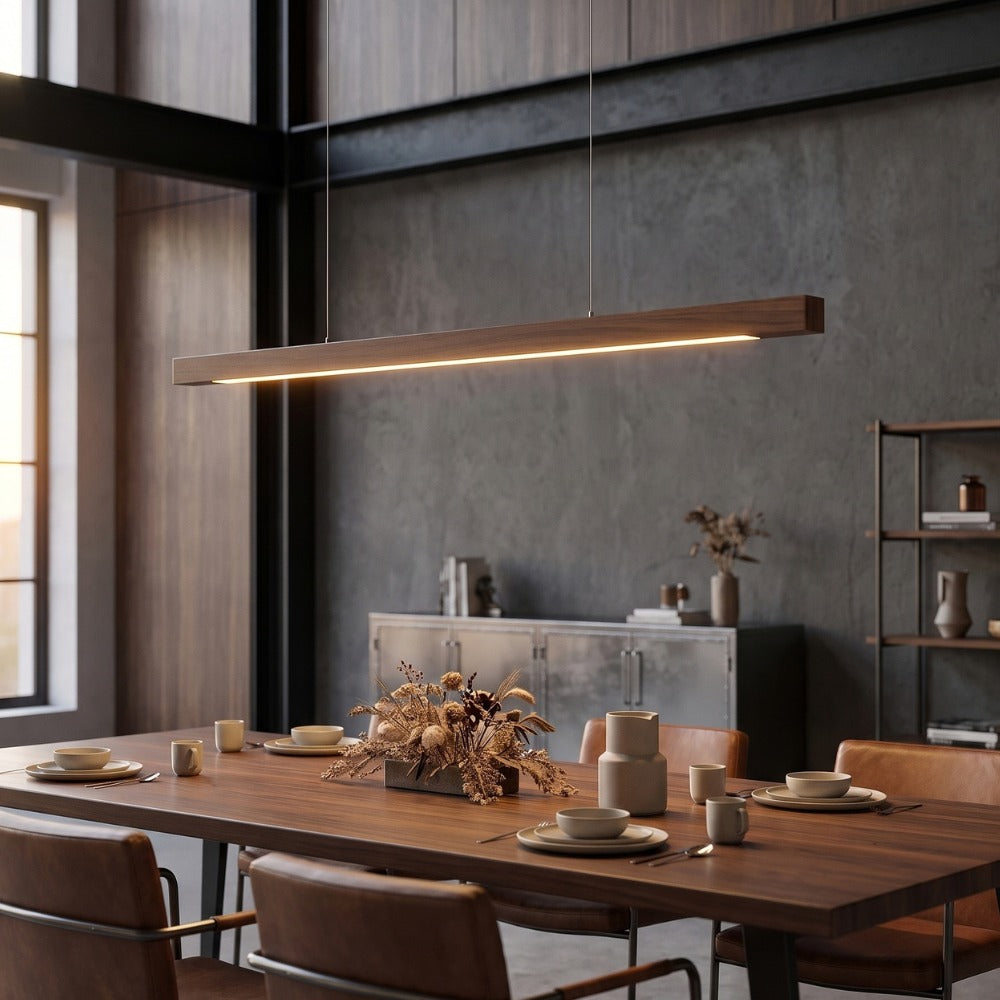Wood Linear Sweep Sensor Chandelier black walnut above a dining table