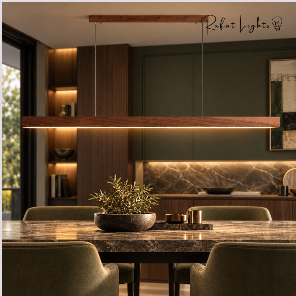 Wood Linear Sweep Sensor Chandelier black walnut above a kitchen dining table