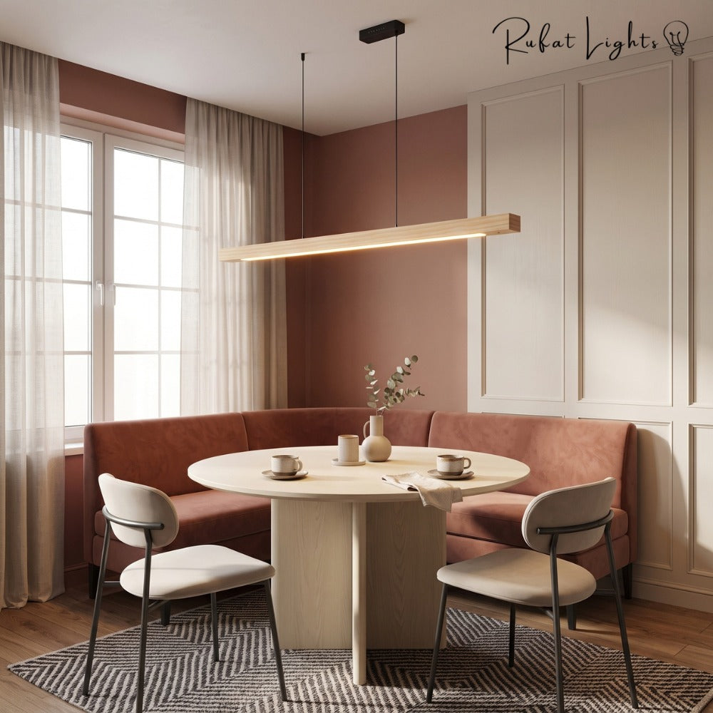 Wood Linear Sweep Sensor Chandelier pine in a breakfast nook
