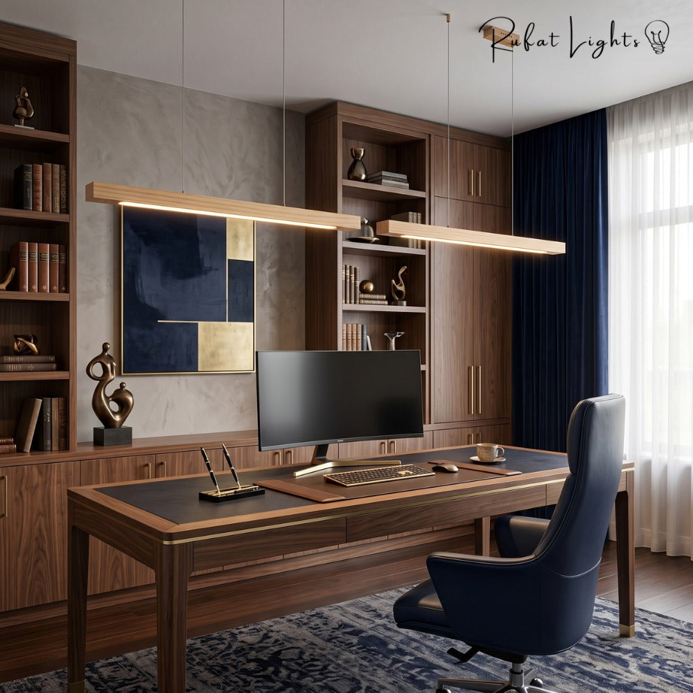 Wood Linear Sweep Sensor Chandelier pine above a home office desk