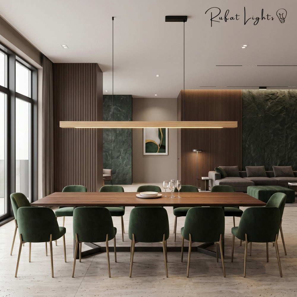 Wood Linear Sweep Sensor Chandelier pine above a dining table