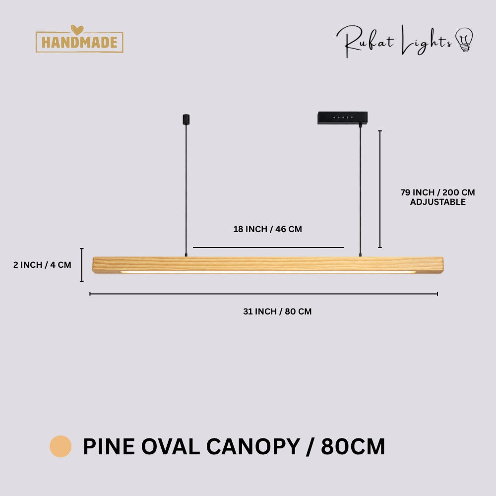 Wood Linear Sweep Sensor Chandelier Pine-Oval Canopy 80 cm dimensions: 31 in (80 cm) long, 2 in (4 cm) high, 79 in (200 cm) adjustable hanging length
