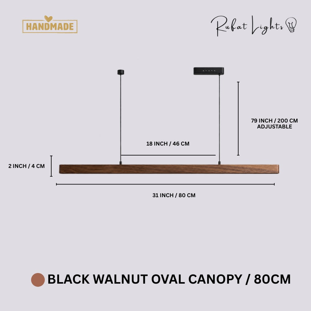 Wood Linear Sweep Sensor Chandelier Black Walnut-Oval 80 cm dimensions: 31 in (80 cm) long, 2 in (4 cm) high, 79 in (200 cm) adjustable hanging length