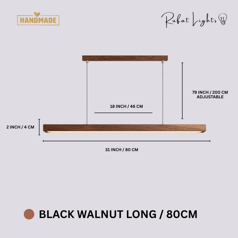 Wood Linear Sweep Sensor Chandelier Black Walnut-Long 80 cm dimensions: 31 in (80 cm) long, 2 in (4 cm) high, 79 in (200 cm) adjustable hanging length